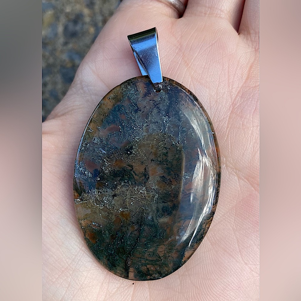 Moss Agate Large Oval Pendant Necklace
